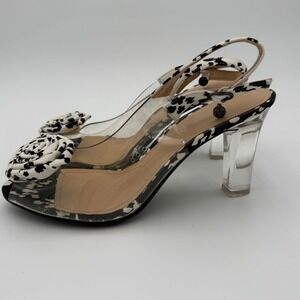 J. Renee Cow Print Rosette Slingback Sandals Clear Lucite Heel Black White
